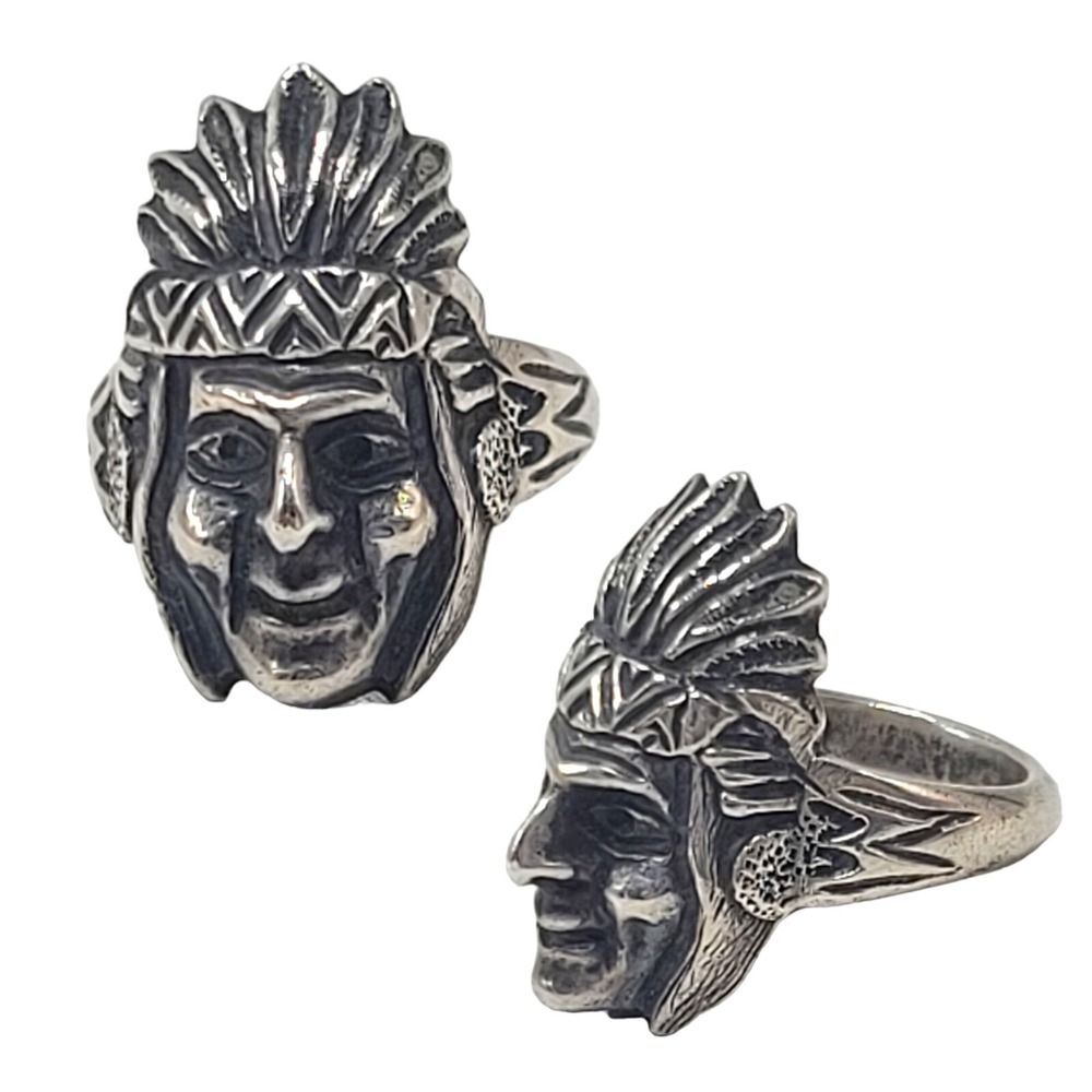 Mens Sterling Silver Ring Native American Indian Chief Smiling Chunky Headdress